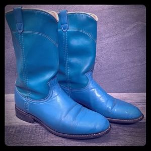 Sz 8.5 Vintage Leather Teal Blue Cowboy Boots